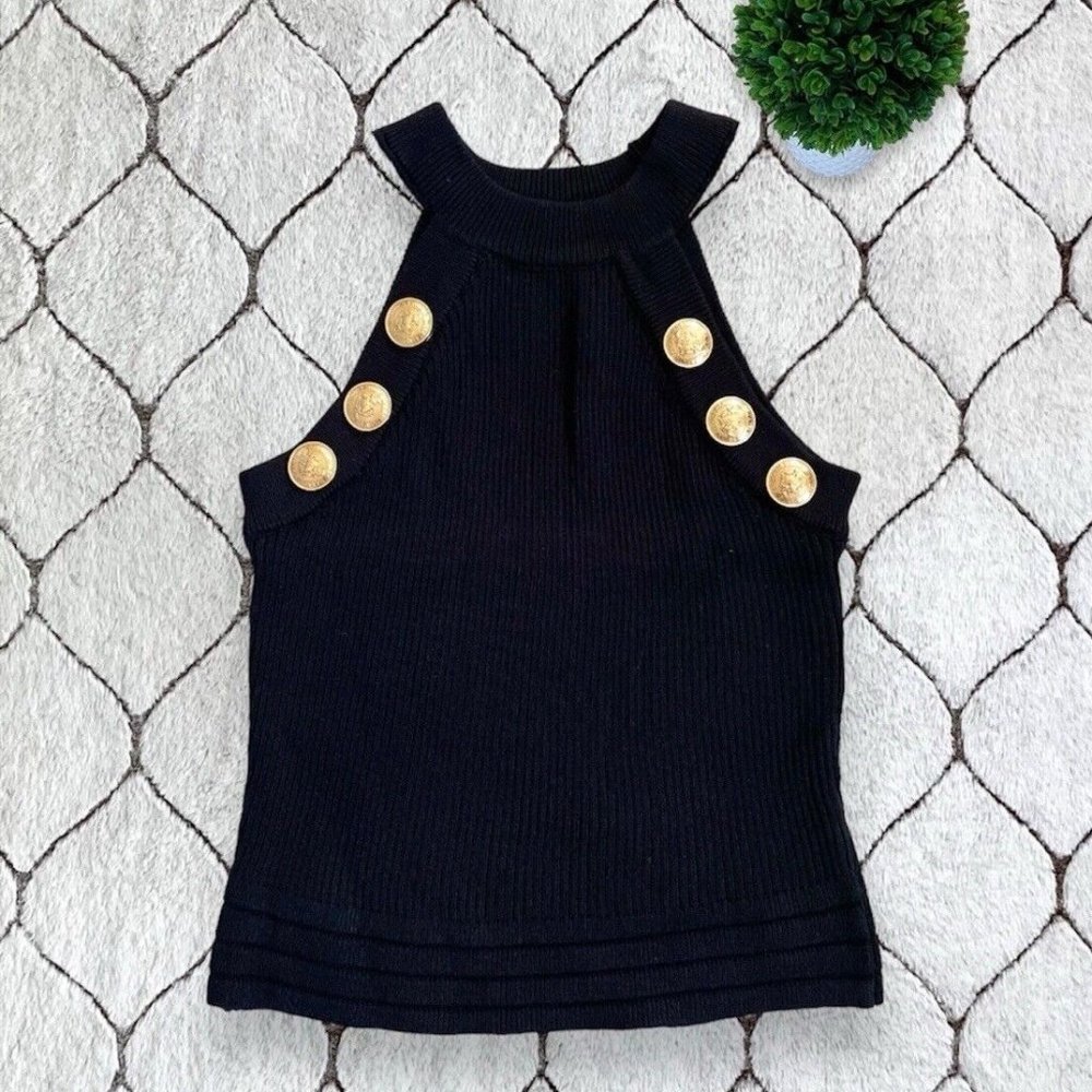 DAIMARAN Manila Crop Top Sleeveless Black Gold Buttons S